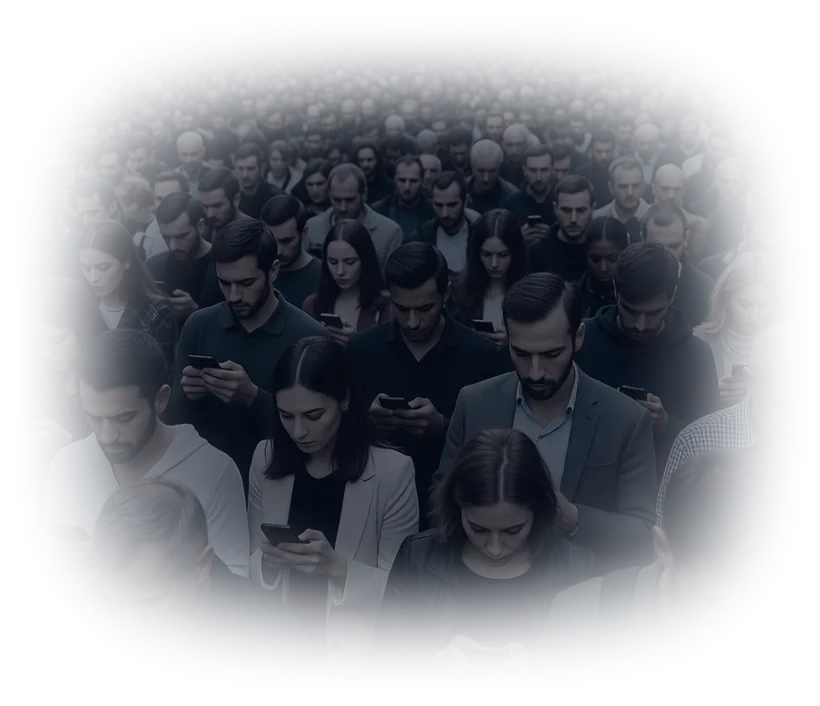 A street full of people, every one of them looking at a phone