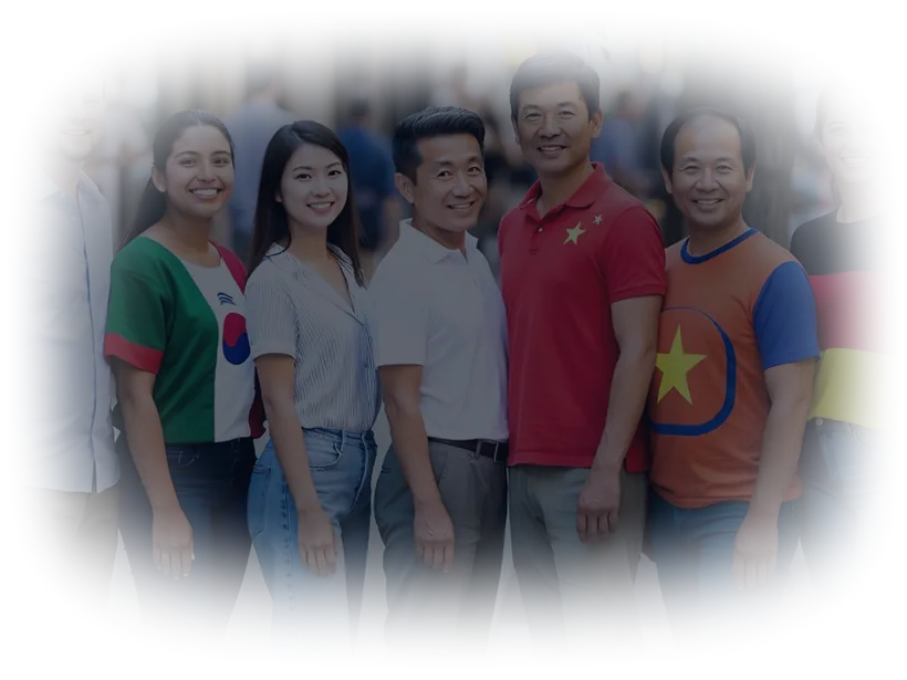 Eight people standing together in a street, each wearing the colours of a different flag