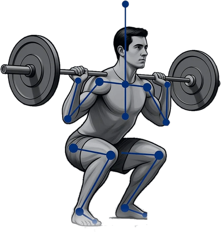 A figure holding the bottom of a squat with the tracked points drawn on: shoulders, elbows, hips, knees and ankles joined into a skeleton, and a vertical line through the spine