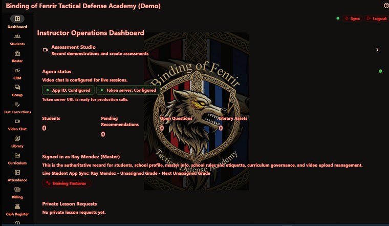 Binding of Fenrir Tactical Defense Academy: the owner's dashboard in red on near-black, with a wolf crest behind it