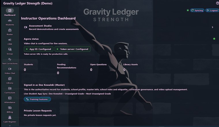 Gravity Ledger Strength: the owner's dashboard in slate, with a lifter's silhouette behind it