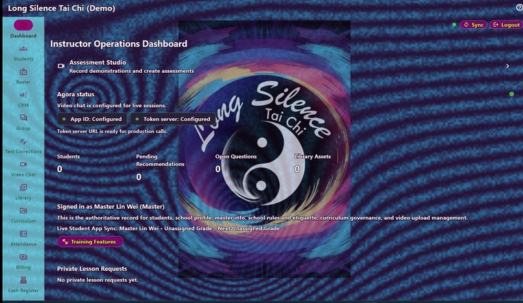 Long Silence Tai Chi: the owner's dashboard in deep purple and magenta, with a yin-yang mark behind it