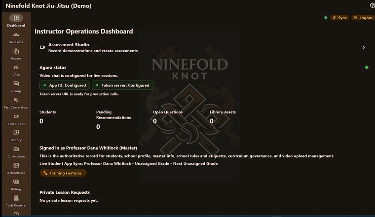 Ninefold Knot Jiu-Jitsu: the owner's dashboard in bronze on near-black, with a knotwork mark behind it