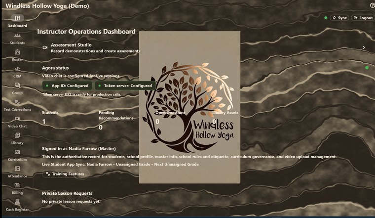 Windless Hollow Yoga: the owner's dashboard in taupe and bark, with a tree mark behind it
