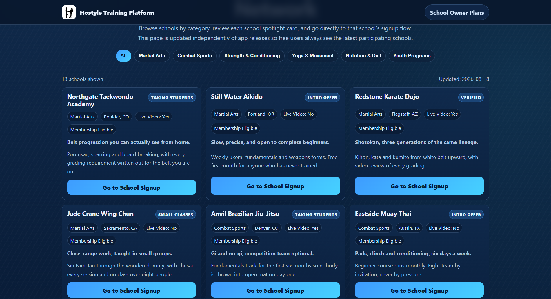 The public directory: schools by category, each with its own pitch and a link to its signup