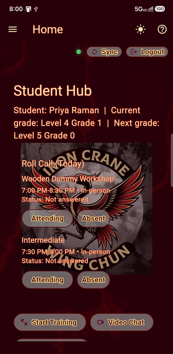 The student home screen in English, with today's roll call