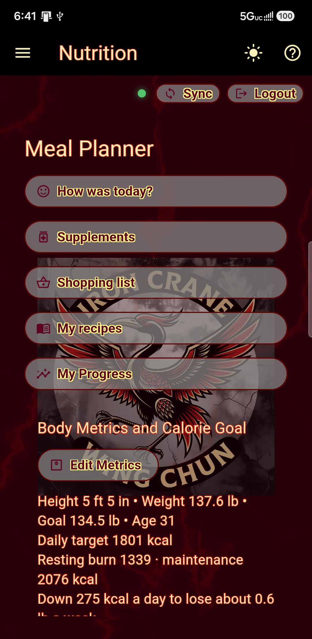 The meal planner: the day’s check-in, supplements, shopping list and progress, with body metrics and the calorie target underneath