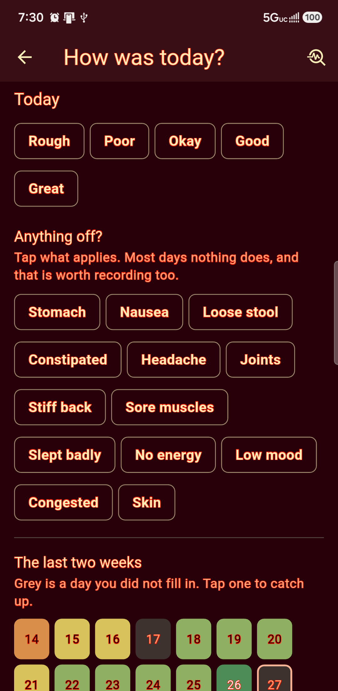 The daily check-in: a rating for the day, tags for what was off, and two weeks of days as a colour strip