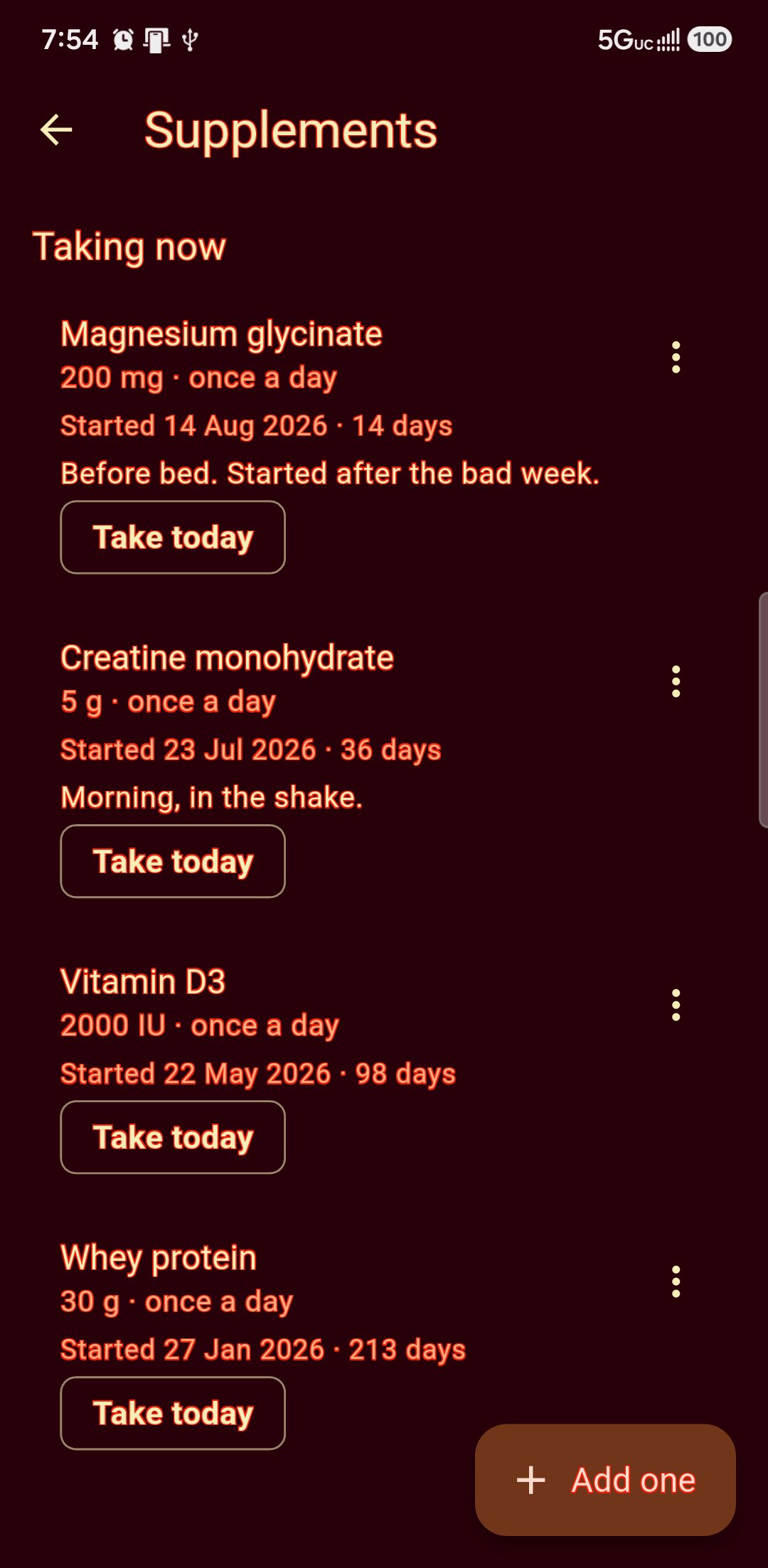 The supplement list: four things with the dose, how often, and how many days since each was started
