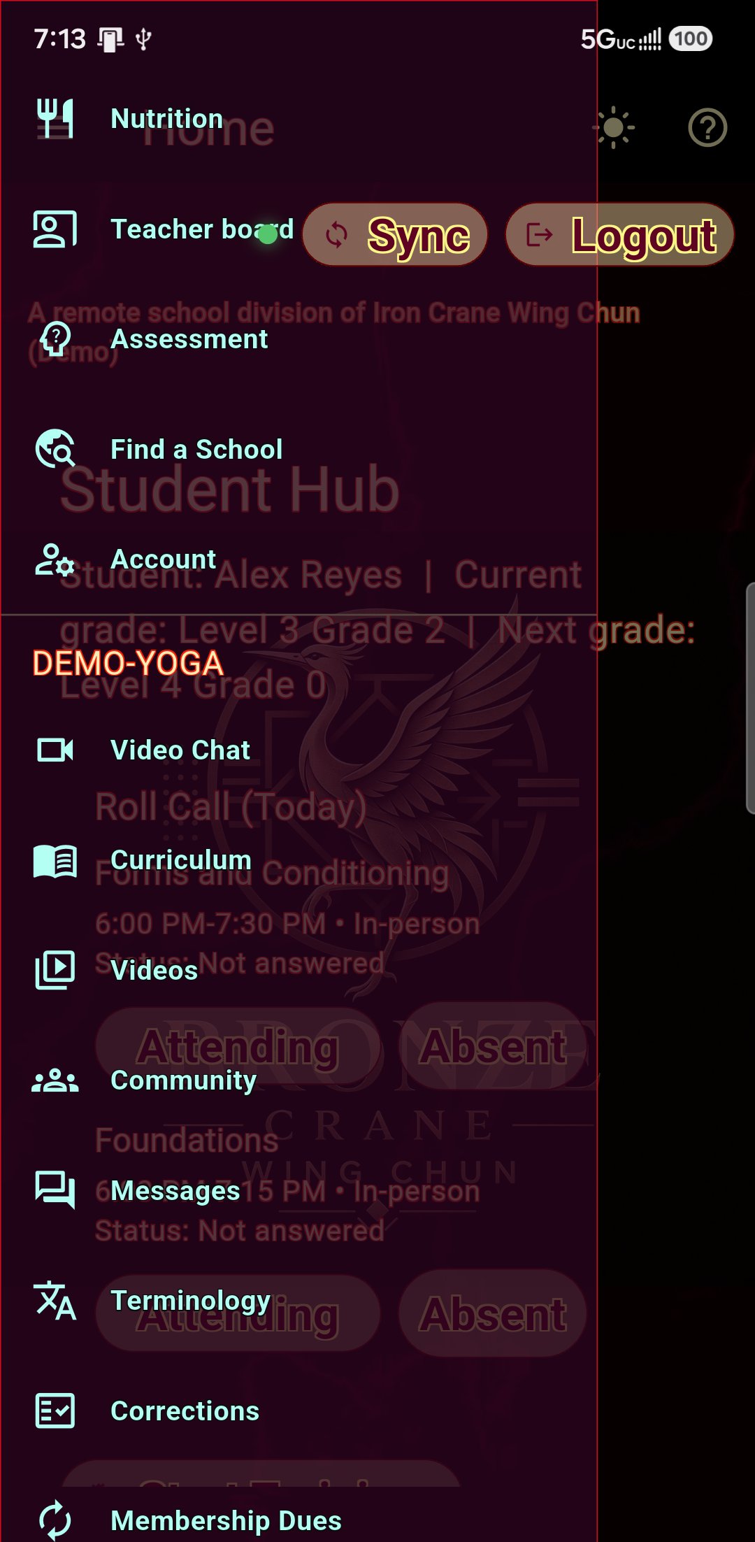 The menu of somebody who trains at several schools: each school listed by name with its own curriculum, messages, corrections and dues underneath