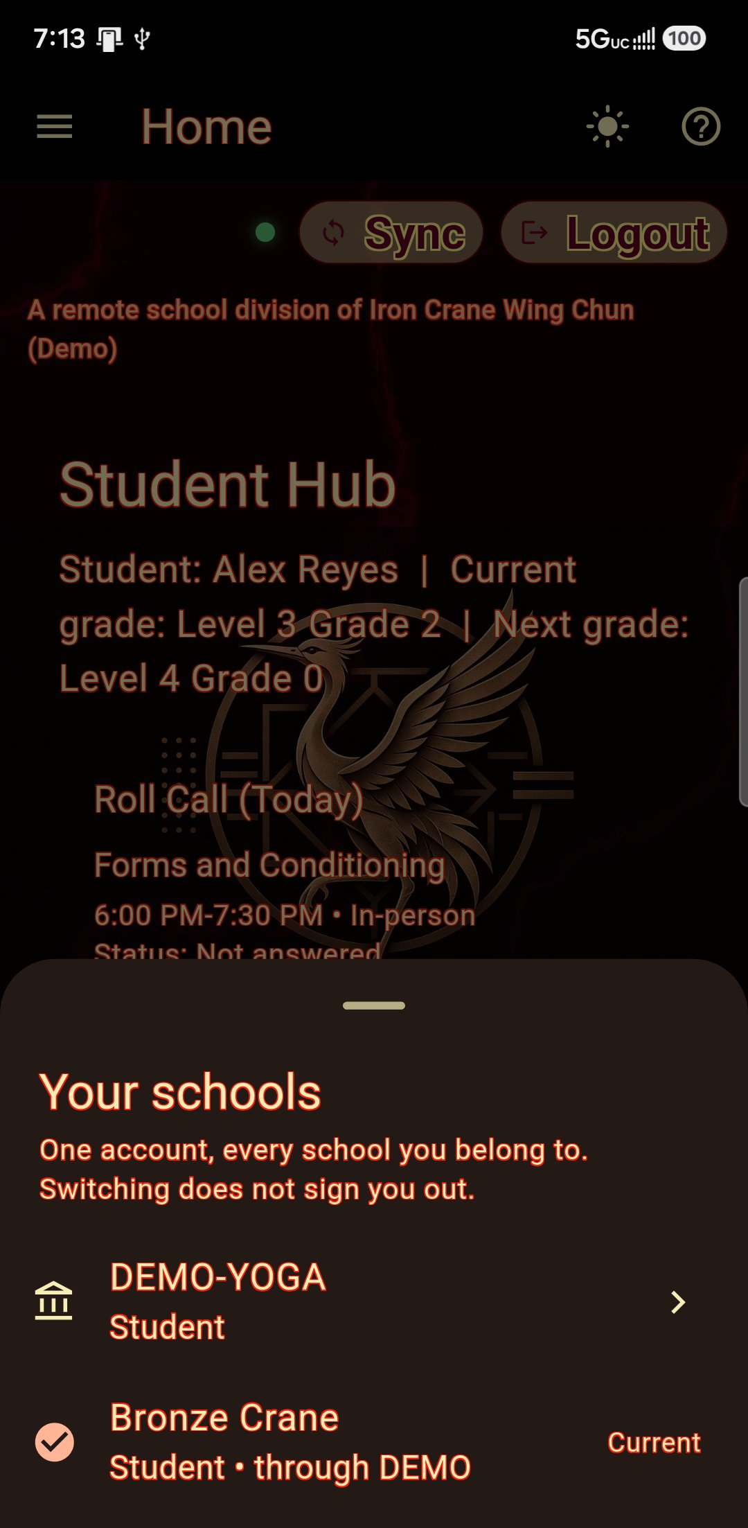 The school switcher: every school listed with the member's role at each, the current one marked, and a line saying switching does not sign you out