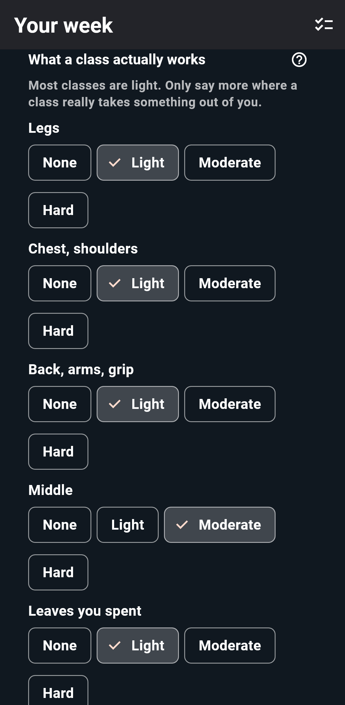 What a class actually works, set part by part: legs, chest, back and middle each at none, light, moderate or hard