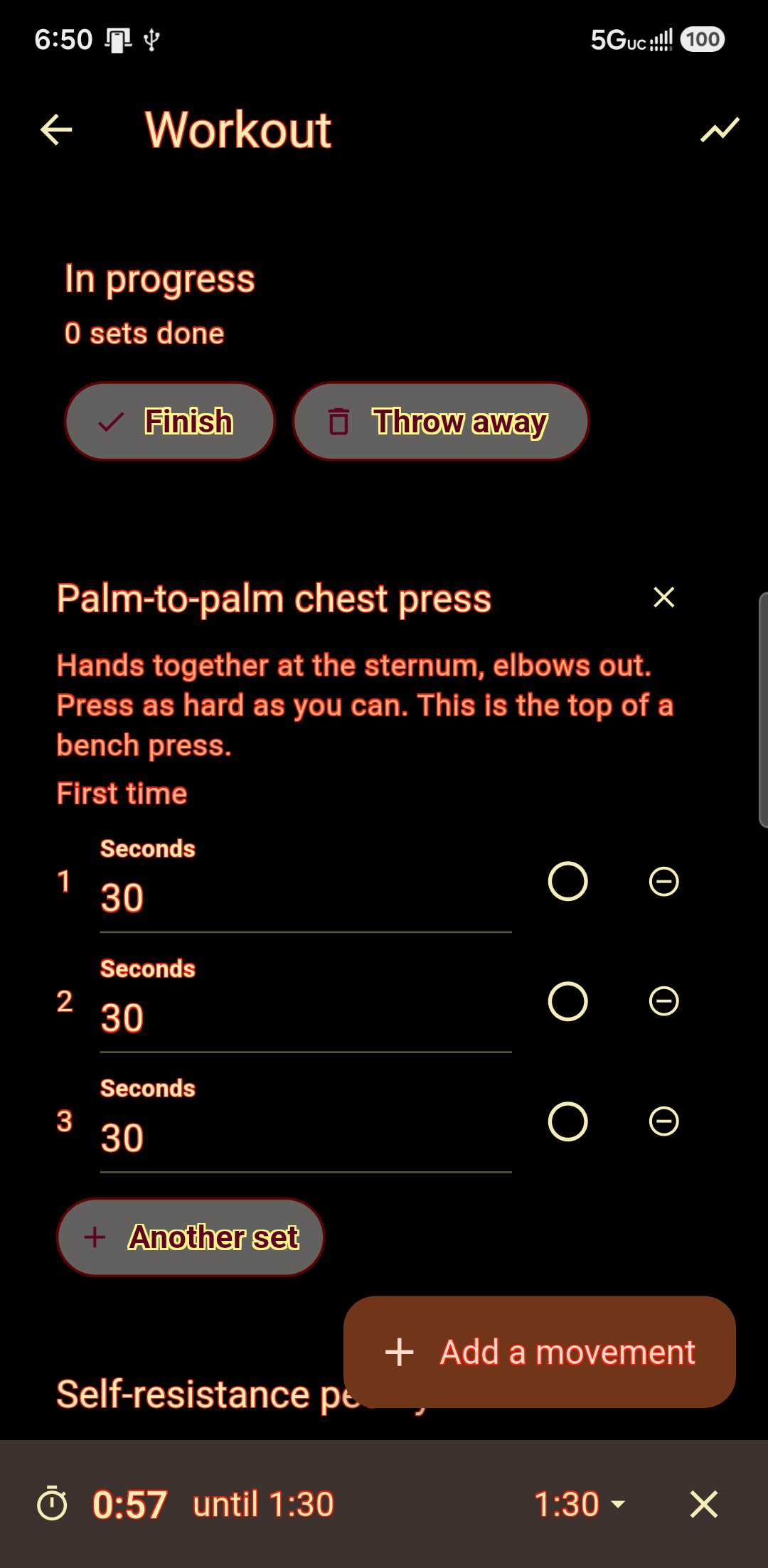 An isometric session: palm-to-palm chest press held for thirty seconds, self-resistance pec fly for ten slow reps, each with how to do it