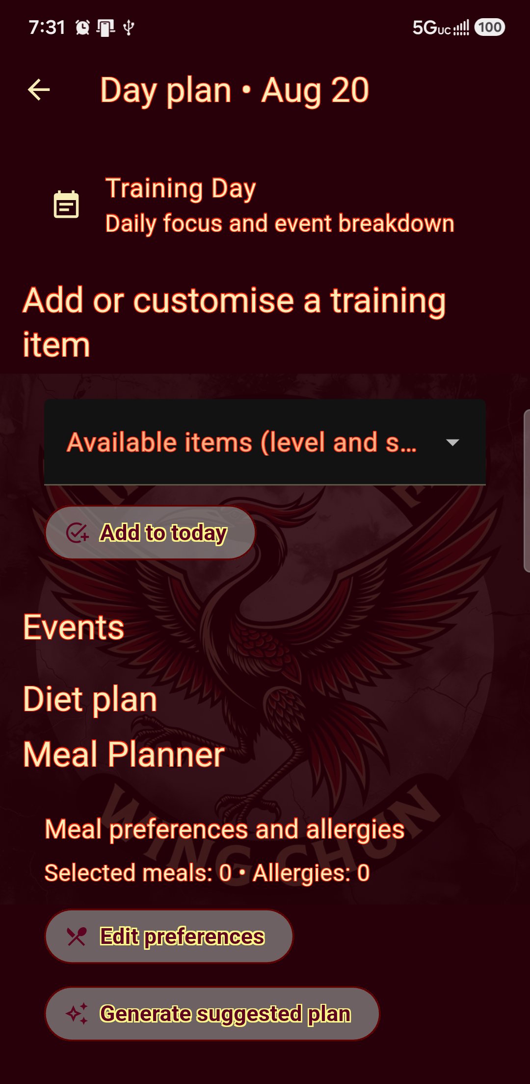 A single day’s plan, with training and meals together