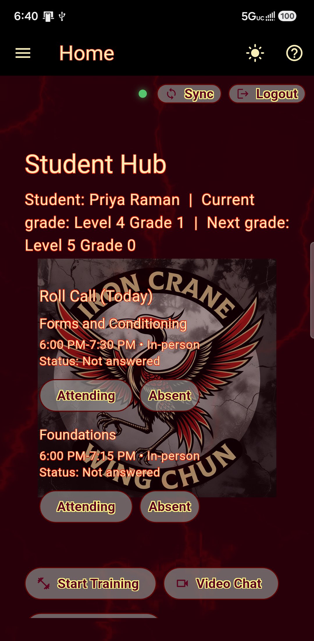 The student home screen, showing rank and quick links