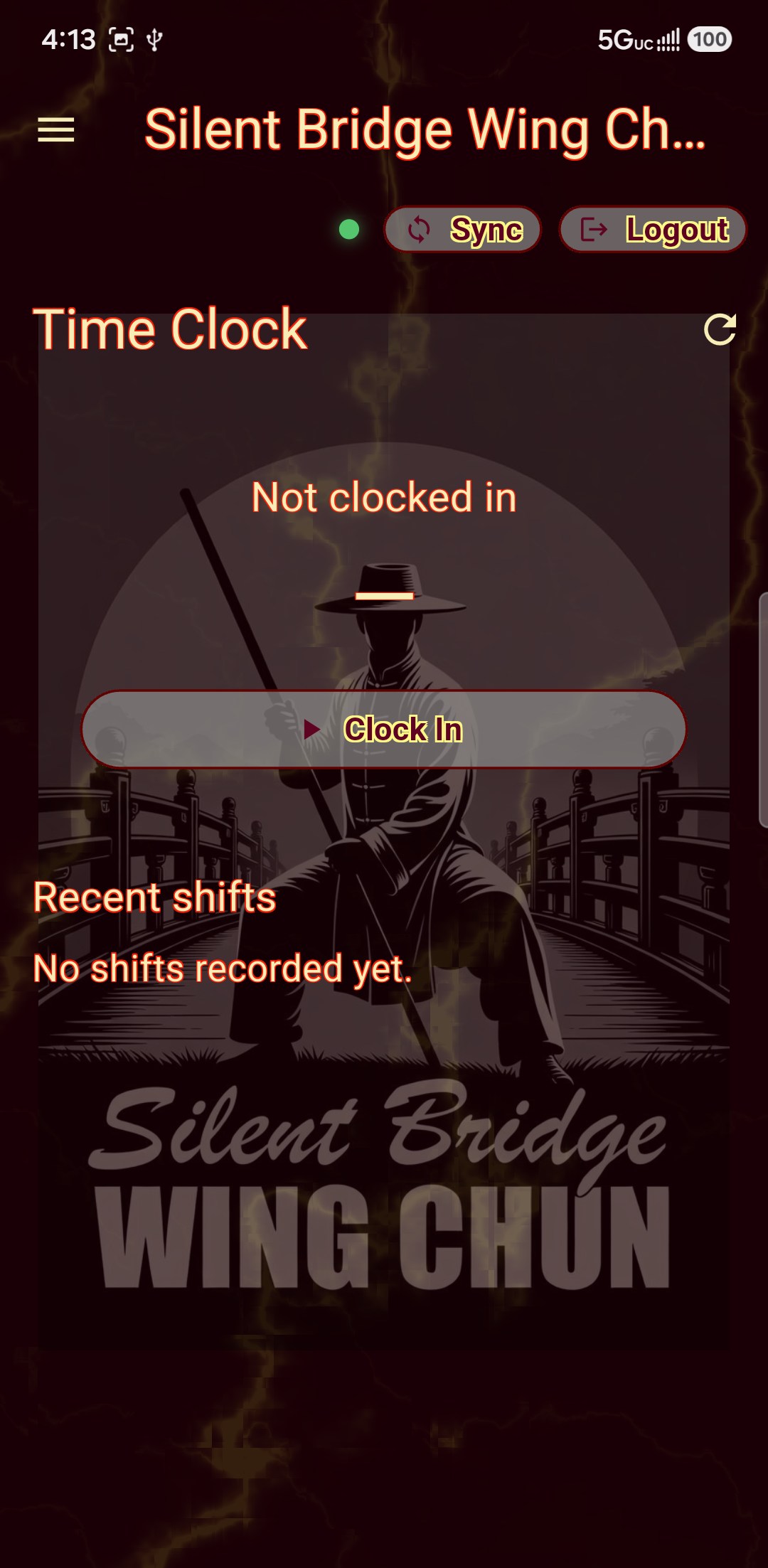 An instructor's time clock on a phone, showing whether they are on the clock and their recent shifts