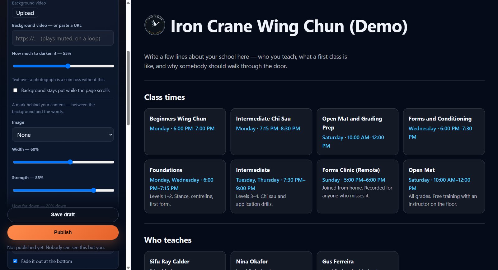 The website editor: controls on the left, the school's live page on the right showing class times and instructors pulled from the app