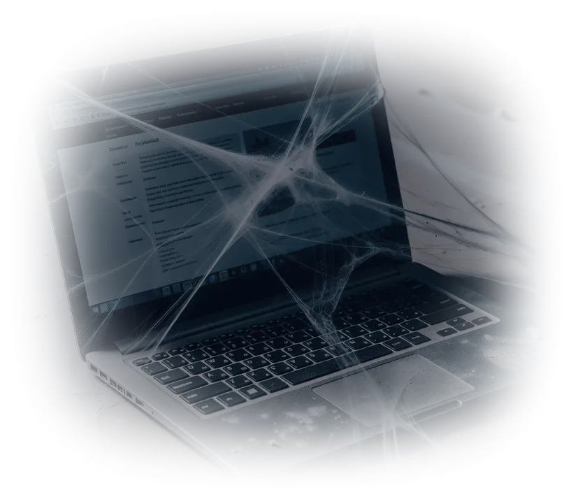 A laptop left open and forgotten under cobwebs, an old school website still on the screen